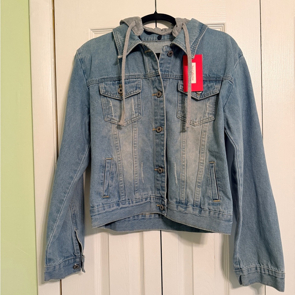 Light Wash Denim Jacket with Gray Hood - Women's Casual Jean Jacket